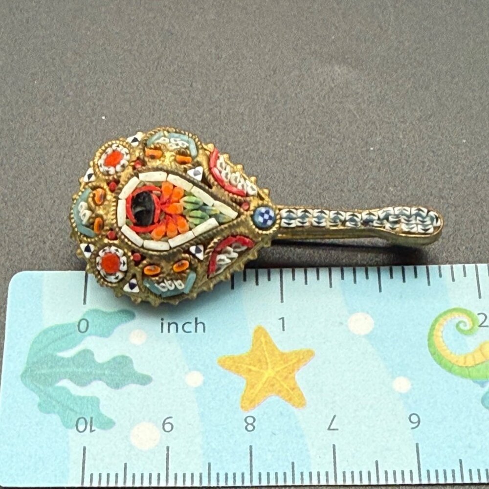 Vintage Italian Brooch Micro Mosaic Mandolin Guitar Pin Gold Tone Italy 1 3/4" - Picture 10 of 11